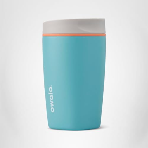 Owala SmoothSip Slider Insulated Stainless Steel Coffee Tumbler, Reusable Iced Coffee Cup, Hot Coffee Travel Mug, BPA Free 12 oz, Grey/Blue (Beachy Breeze)