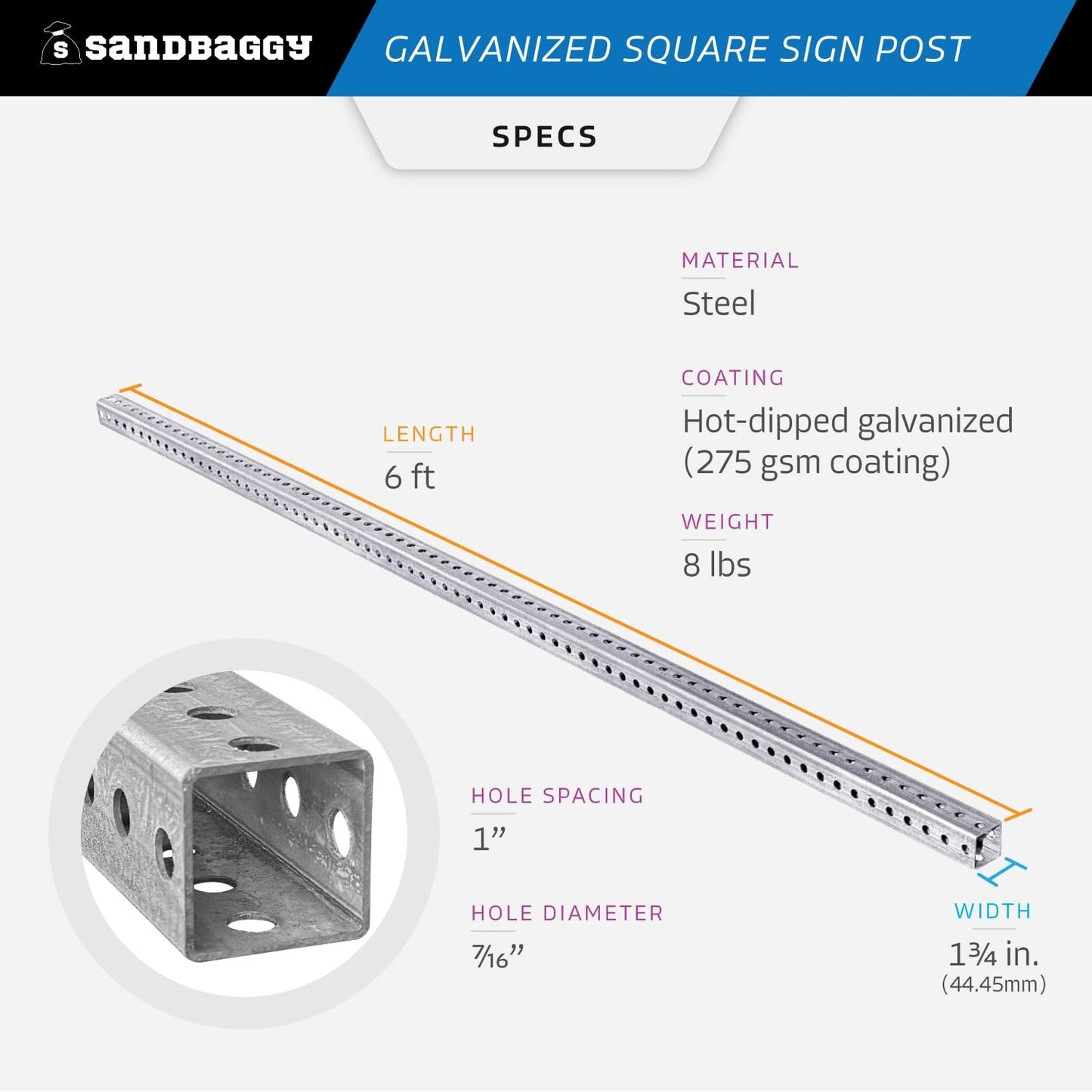Sandbaggy 6 ft Galvanized Square Sign Post - 1-3/4" Wide - 7/16” Hole Diameter - Hot Dipped Galvanized Metal - Rust Resistant, Wind Resistant (12)