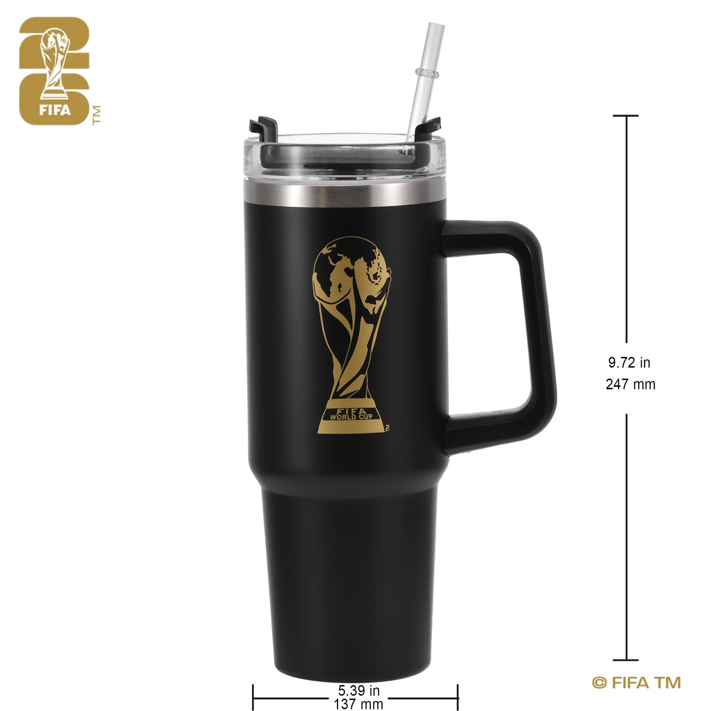 Wagon International Official FIFA World Cup 2026 Edition - 30oz Insulated Double Tumbler W/Handle & Straw - Premium Stainless Steel- Handwash Only - Keep Beverages Hot 12 hr/Cold 24 hr - Black
