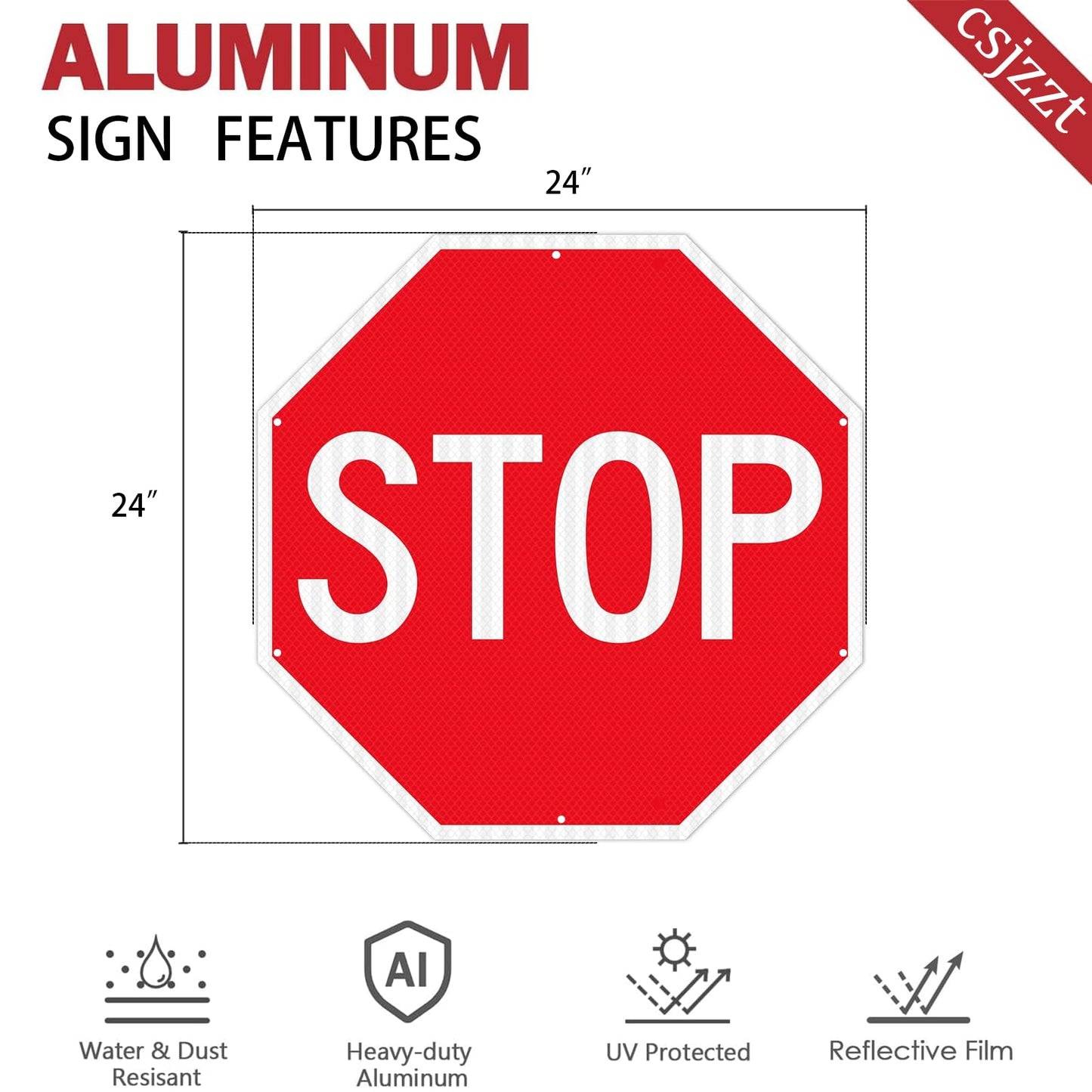 csjzzt Large Stop Sign Street Road Sign 24×24-Inches, Engineer Grade Reflective Sheeting, Rust Proof Thicken Aluminum, Uv-Resistant, Waterproof and Fade Resistantt,6 Pre-drilled Holes