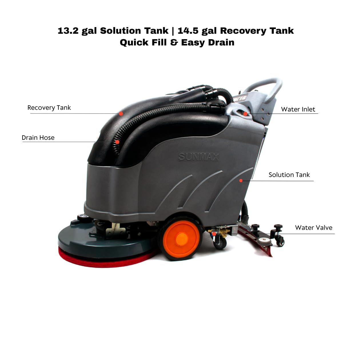 22" Self-propelled Floor Scrubber Machine with Traction Drive, 14.5-Gal Tank, 36000 Sqft/h, Heavy Duty Brush, Red, Black and White Pads, Extra Rubber Strips | RT50D