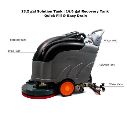 22" Self-propelled Floor Scrubber Machine with Traction Drive, 14.5-Gal Tank, 36000 Sqft/h, Heavy Duty Brush, Red, Black and White Pads, Extra Rubber Strips | RT50D