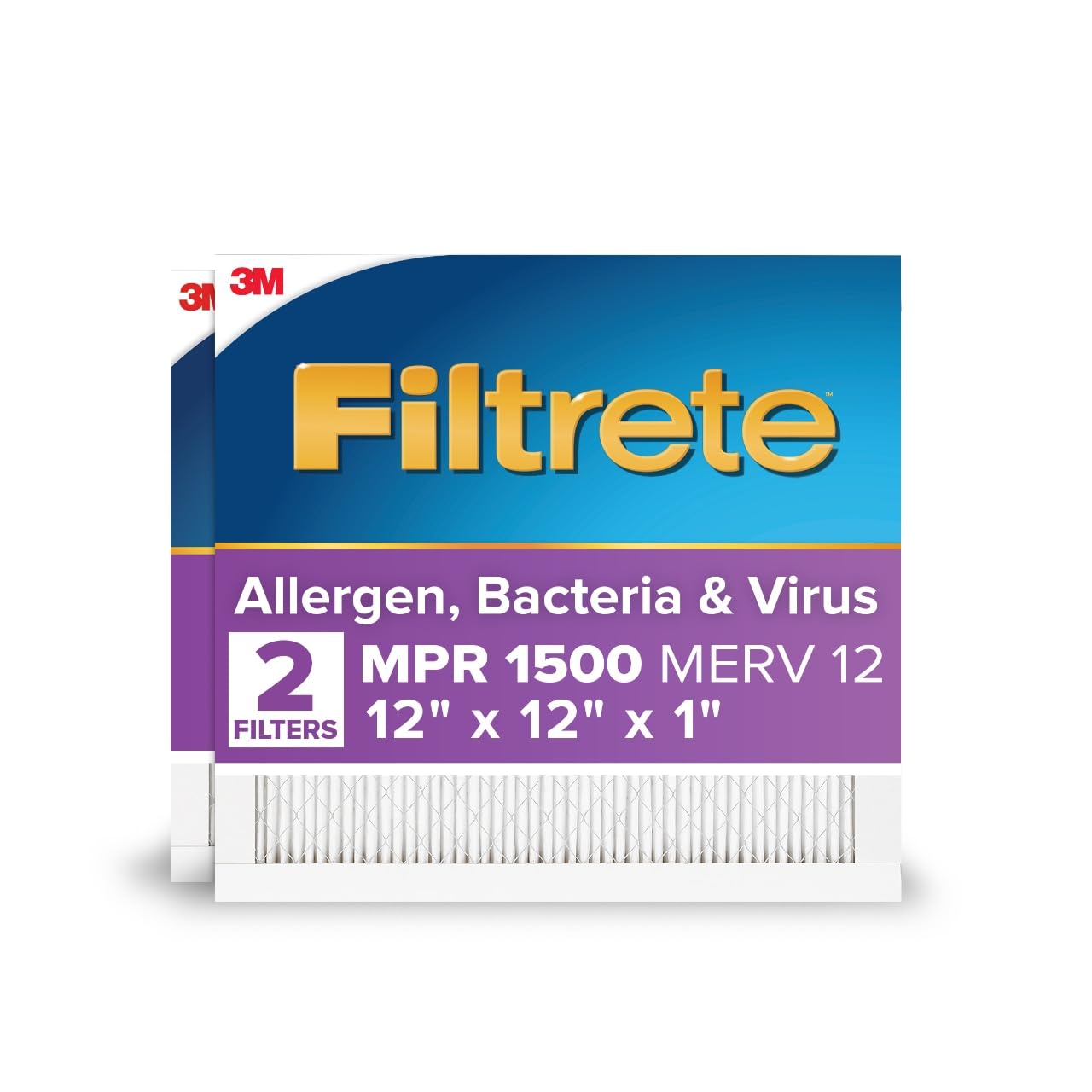 Filtrete 12x12x1 AC Furnace Air Filter, MERV 12, MPR 1500, CERTIFIED asthma & allergy friendly, 3 Month Pleated 1-Inch Electrostatic Air Cleaning Filter, 2-Pack (Actual Size 11.81x11.81x0.78 in)