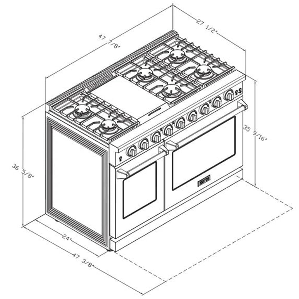 KOSTCH 48 inch Pro-Style Natural Gas Range with 6 Burners & 1 Griddle Cooktop, Double 4.6 cu. ft. and 2.2 cu. ft. Convection Oven, in Stainless Steel - with NG/LPG Convertible Kit (Red)