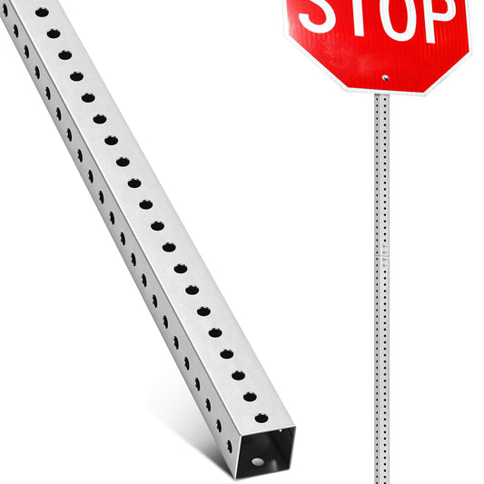 Otoolling 8 ft H x 2 in W Square Sign Post with 7/16 Dia Mounting Holes Galvanized Steel Posts Outside Rust Resistant Breakaway Industrial Metal Pipe Tubing for Parking, Street Sign Stand