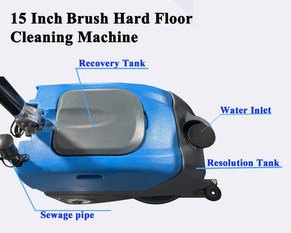 TORDXICS Commercial Floor Scrubber Machine with brushes， 15" Brush 8 Gal Foldable and Portable Scrubber Walk-Behind cleaning machine ，180 Degree Rotation，floor scrubbing, floor cleaner machine