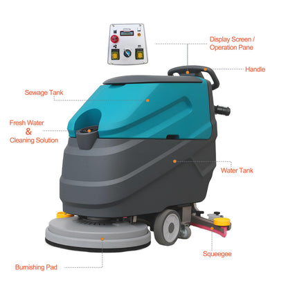 KARHDIR Walk-Behind Floor Scrubber Dryer with 22" Scrub Path, 18.5-Gal Recovery Tank, Battery Powered, High Efficiency for Large Areas
