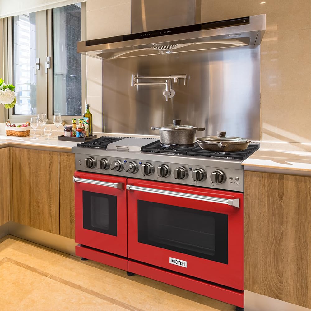 KOSTCH 48 inch Pro-Style Natural Gas Range with 6 Burners & 1 Griddle Cooktop, Double 4.6 cu. ft. and 2.2 cu. ft. Convection Oven, in Stainless Steel - with NG/LPG Convertible Kit (Red)