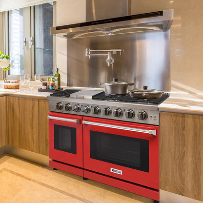 KOSTCH 48 inch Pro-Style Natural Gas Range with 6 Burners & 1 Griddle Cooktop, Double 4.6 cu. ft. and 2.2 cu. ft. Convection Oven, in Stainless Steel - with NG/LPG Convertible Kit (Red)