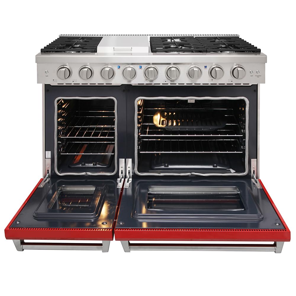 KOSTCH 48 inch Pro-Style Natural Gas Range with 6 Burners & 1 Griddle Cooktop, Double 4.6 cu. ft. and 2.2 cu. ft. Convection Oven, in Stainless Steel - with NG/LPG Convertible Kit (Red)