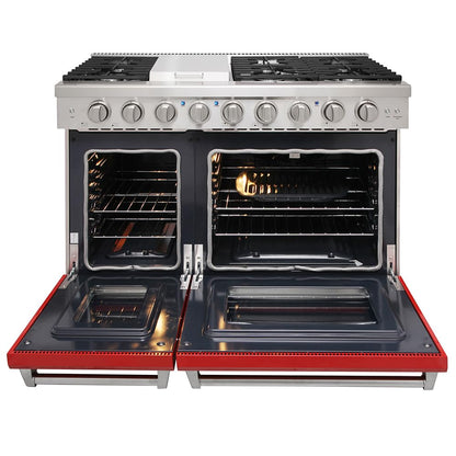 KOSTCH 48 inch Pro-Style Natural Gas Range with 6 Burners & 1 Griddle Cooktop, Double 4.6 cu. ft. and 2.2 cu. ft. Convection Oven, in Stainless Steel - with NG/LPG Convertible Kit (Red)