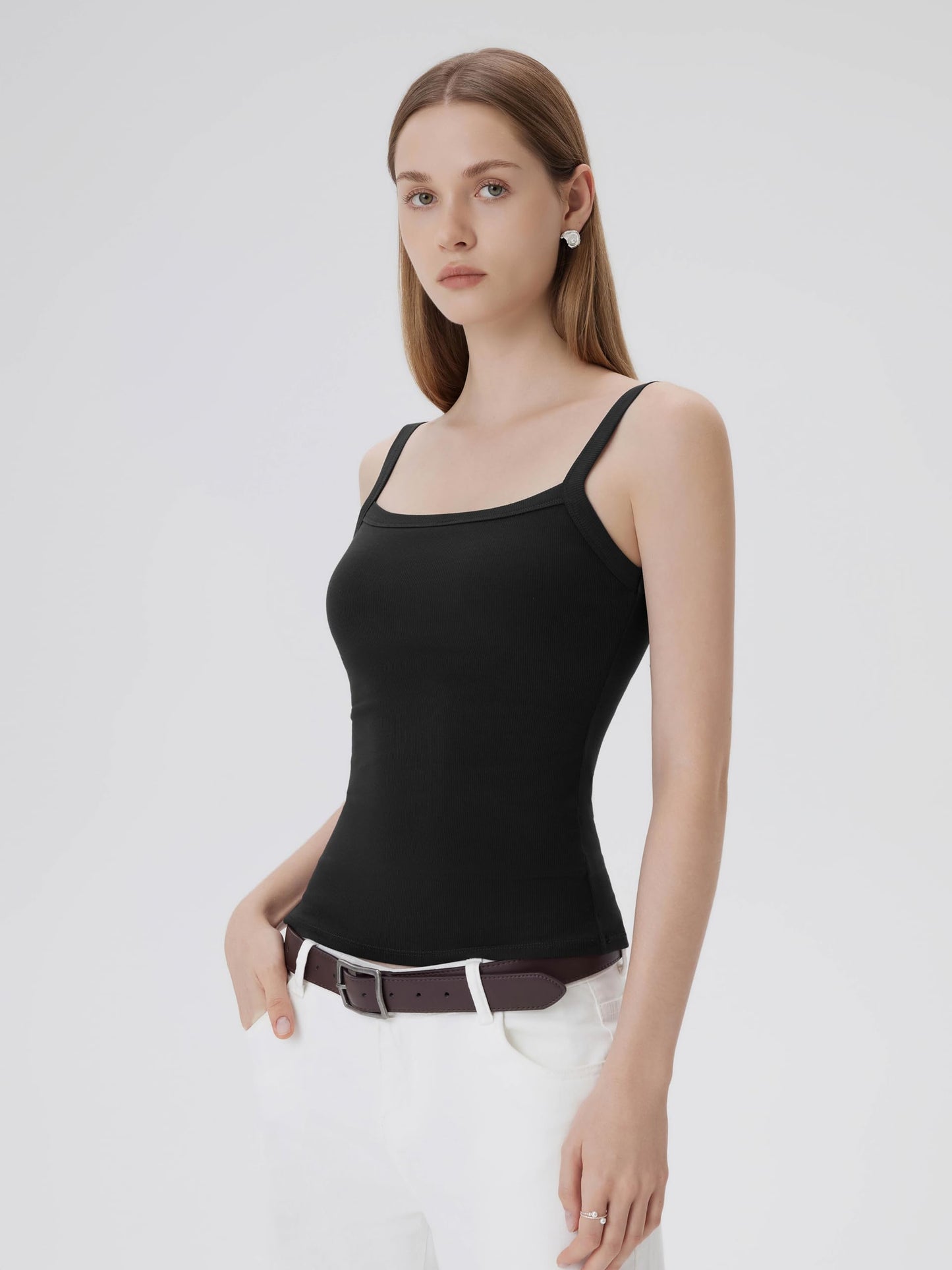 SUUKSESS Women Cotton Rib Padded Tank Tops Sleeveless Spaghetti Strap Square Neck Tops Summer Camisole Going Out Shirts (Black, X-Large)