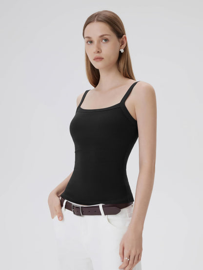 SUUKSESS Women Cotton Rib Padded Tank Tops Sleeveless Spaghetti Strap Square Neck Tops Summer Camisole Going Out Shirts (Black, X-Large)