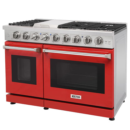 KOSTCH 48 inch Pro-Style Natural Gas Range with 6 Burners & 1 Griddle Cooktop, Double 4.6 cu. ft. and 2.2 cu. ft. Convection Oven, in Stainless Steel - with NG/LPG Convertible Kit (Red)