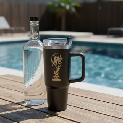Wagon International Official FIFA World Cup 2026 Edition - 30oz Insulated Double Tumbler W/Handle & Straw - Premium Stainless Steel- Handwash Only - Keep Beverages Hot 12 hr/Cold 24 hr - Black
