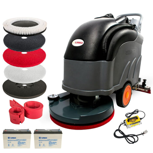 22" Self-propelled Floor Scrubber Machine with Traction Drive, 14.5-Gal Tank, 36000 Sqft/h, Heavy Duty Brush, Red, Black and White Pads, Extra Rubber Strips | RT50D