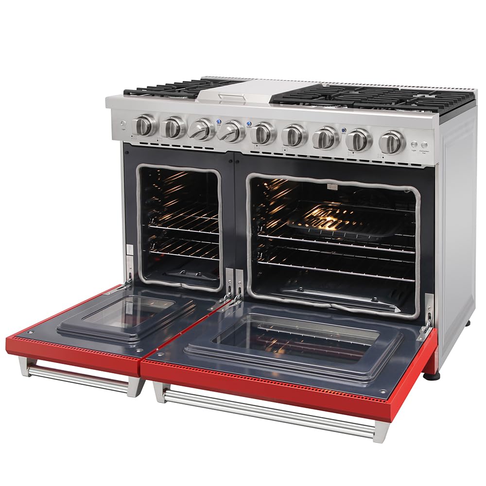 KOSTCH 48 inch Pro-Style Natural Gas Range with 6 Burners & 1 Griddle Cooktop, Double 4.6 cu. ft. and 2.2 cu. ft. Convection Oven, in Stainless Steel - with NG/LPG Convertible Kit (Red)
