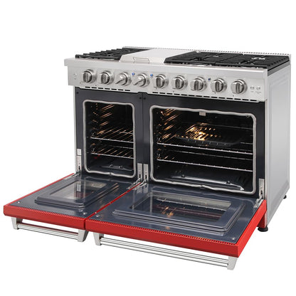 KOSTCH 48 inch Pro-Style Natural Gas Range with 6 Burners & 1 Griddle Cooktop, Double 4.6 cu. ft. and 2.2 cu. ft. Convection Oven, in Stainless Steel - with NG/LPG Convertible Kit (Red)