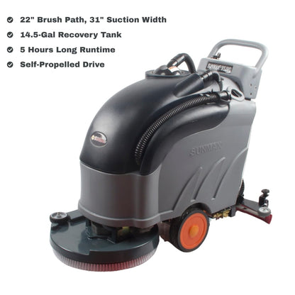 22" Self-propelled Floor Scrubber Machine with Traction Drive, 14.5-Gal Tank, 36000 Sqft/h, Heavy Duty Brush, Red, Black and White Pads, Extra Rubber Strips | RT50D