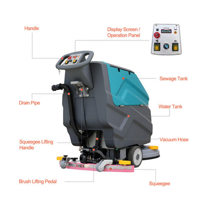 KARHDIR Walk-Behind Floor Scrubber Dryer with 22" Scrub Path, 18.5-Gal Recovery Tank, Battery Powered, High Efficiency for Large Areas
