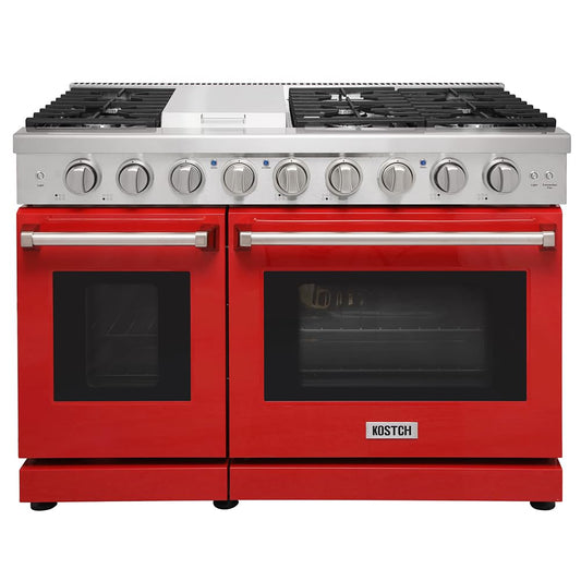 KOSTCH 48 inch Pro-Style Natural Gas Range with 6 Burners & 1 Griddle Cooktop, Double 4.6 cu. ft. and 2.2 cu. ft. Convection Oven, in Stainless Steel - with NG/LPG Convertible Kit (Red)