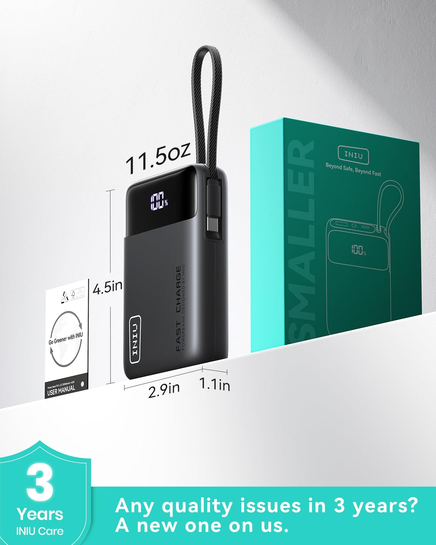 INIU 45W Portable Charger, Smallest 20000mAh Power Bank with Build in USB-C Cable, Fast Charging USB C in&Out Battery Pack, Travel Phone Charger for iPhone 17 16 15 Air Samsung S25 S24 Google iPad etc