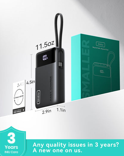INIU 45W Portable Charger, Smallest 20000mAh Power Bank with Build in USB-C Cable, Fast Charging USB C in&Out Battery Pack, Travel Phone Charger for iPhone 17 16 15 Air Samsung S25 S24 Google iPad etc