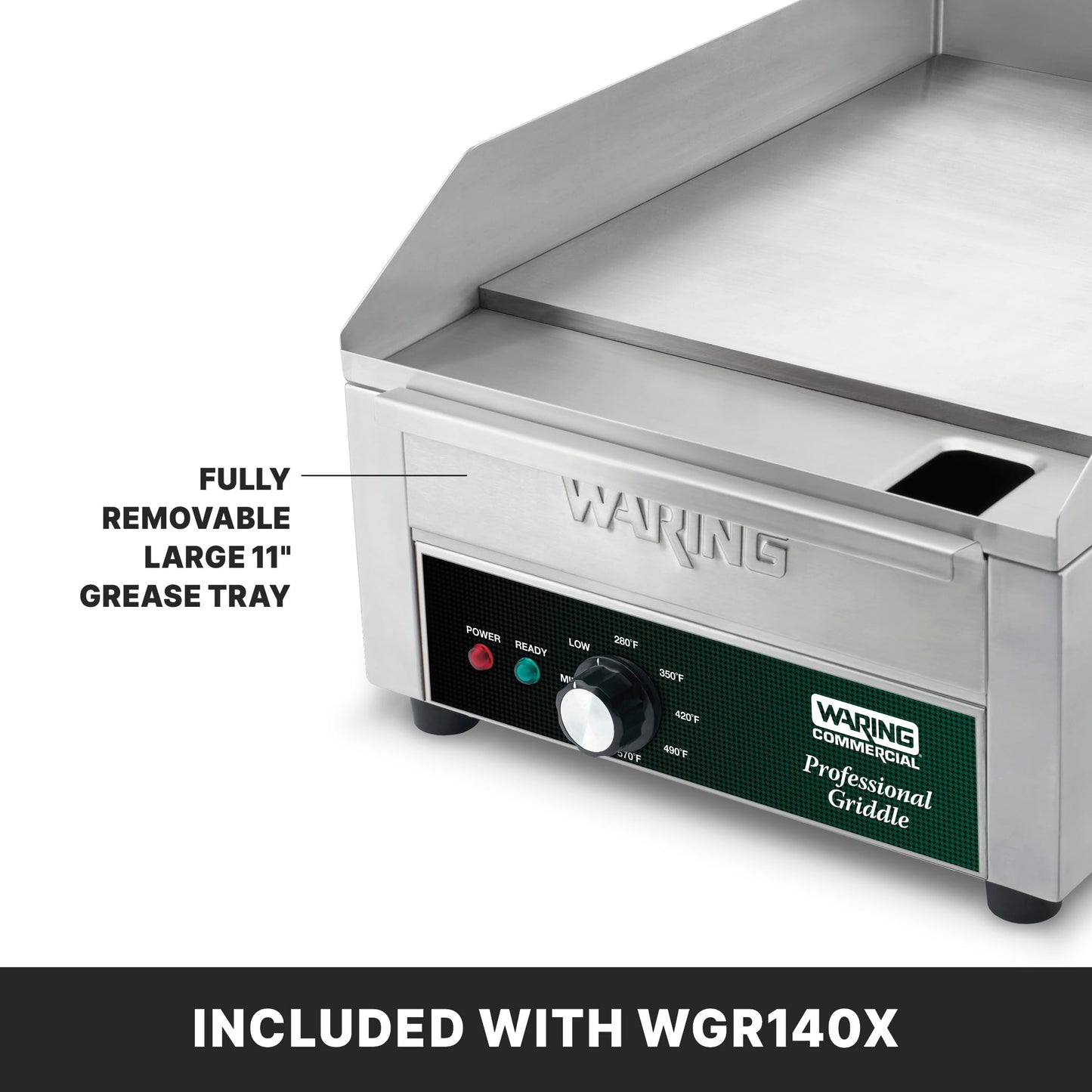 Waring Commercial WGR140X Countertop Electric Griddle, 14" Cooking Surface, 120V, 1800W, 5-15 Phase Plug,Silver