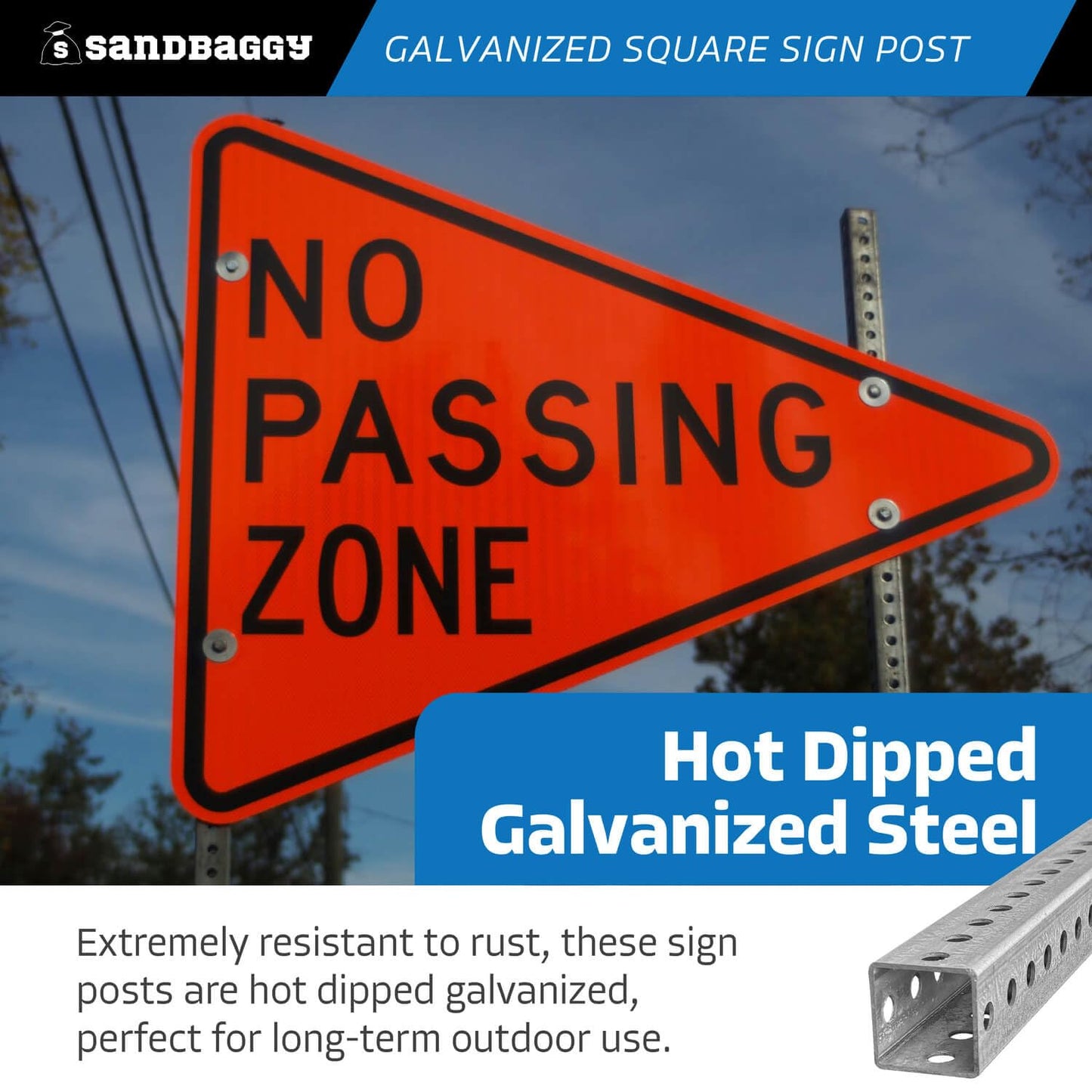 Sandbaggy 6 ft Galvanized Square Sign Post - 1-3/4" Wide - 7/16” Hole Diameter - Hot Dipped Galvanized Metal - Rust Resistant, Wind Resistant (12)