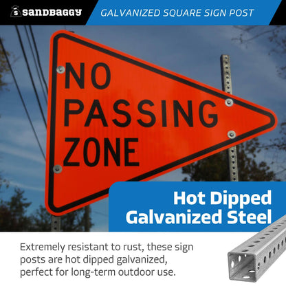 Sandbaggy 6 ft Galvanized Square Sign Post - 1-3/4" Wide - 7/16” Hole Diameter - Hot Dipped Galvanized Metal - Rust Resistant, Wind Resistant (12)