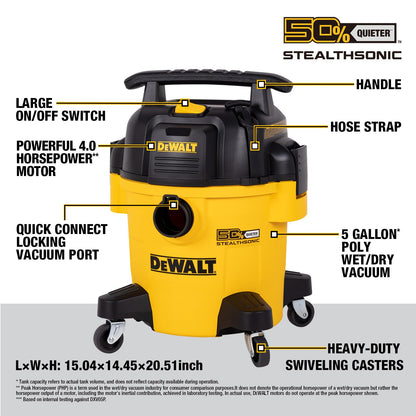DEWALT 5 Gallon STEALTHSONIC Ultra-Quiet Wet/Dry Shop Vac, 4 Peak HP Powerful Suction, Built for Long-Lasting Performance, Portable Vacuum for Garage, Workshop & Jobsite, DXV05P-QT