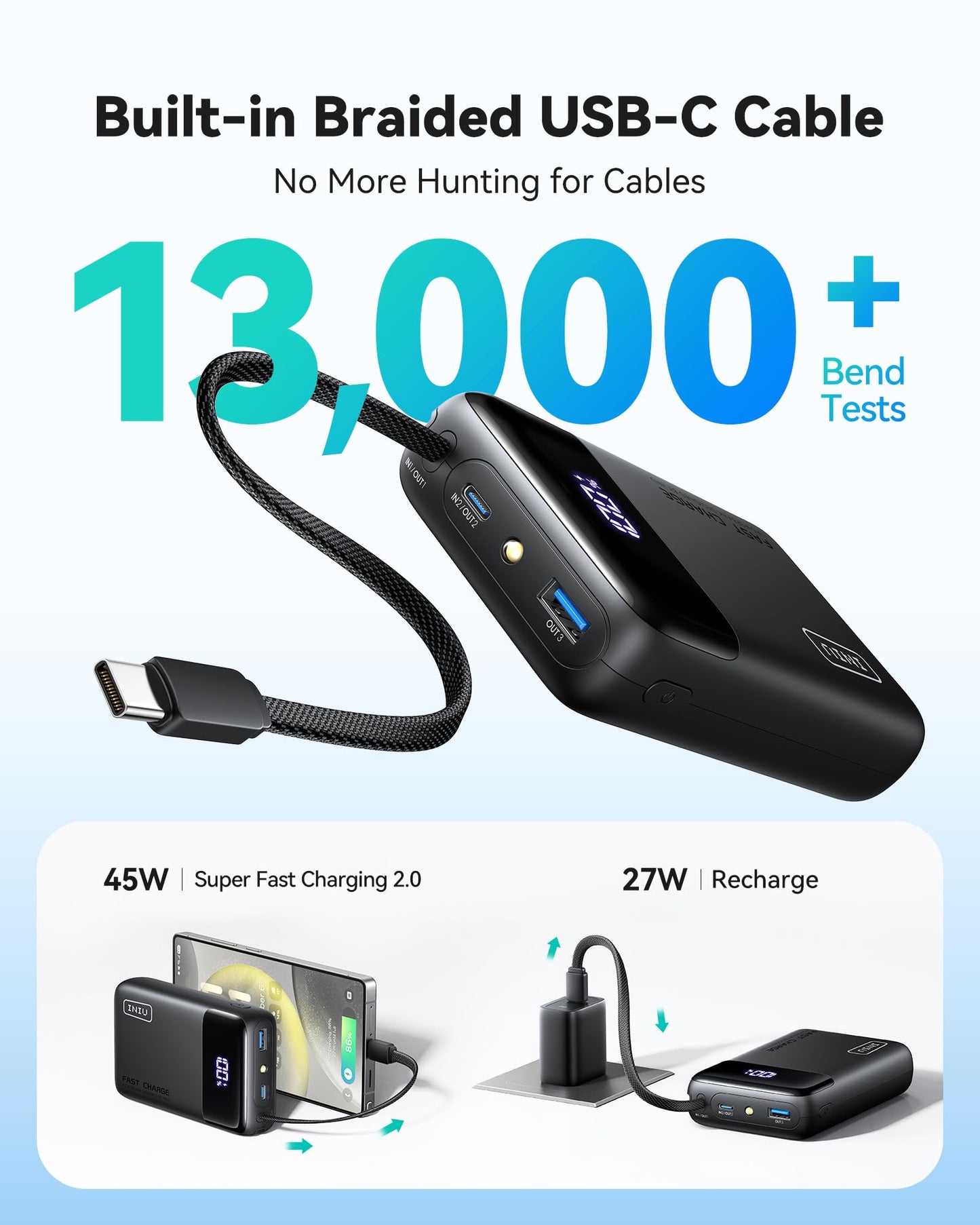 INIU 45W Portable Charger, Smallest 20000mAh Power Bank with Build in USB-C Cable, Fast Charging USB C in&Out Battery Pack, Travel Phone Charger for iPhone 17 16 15 Air Samsung S25 S24 Google iPad etc