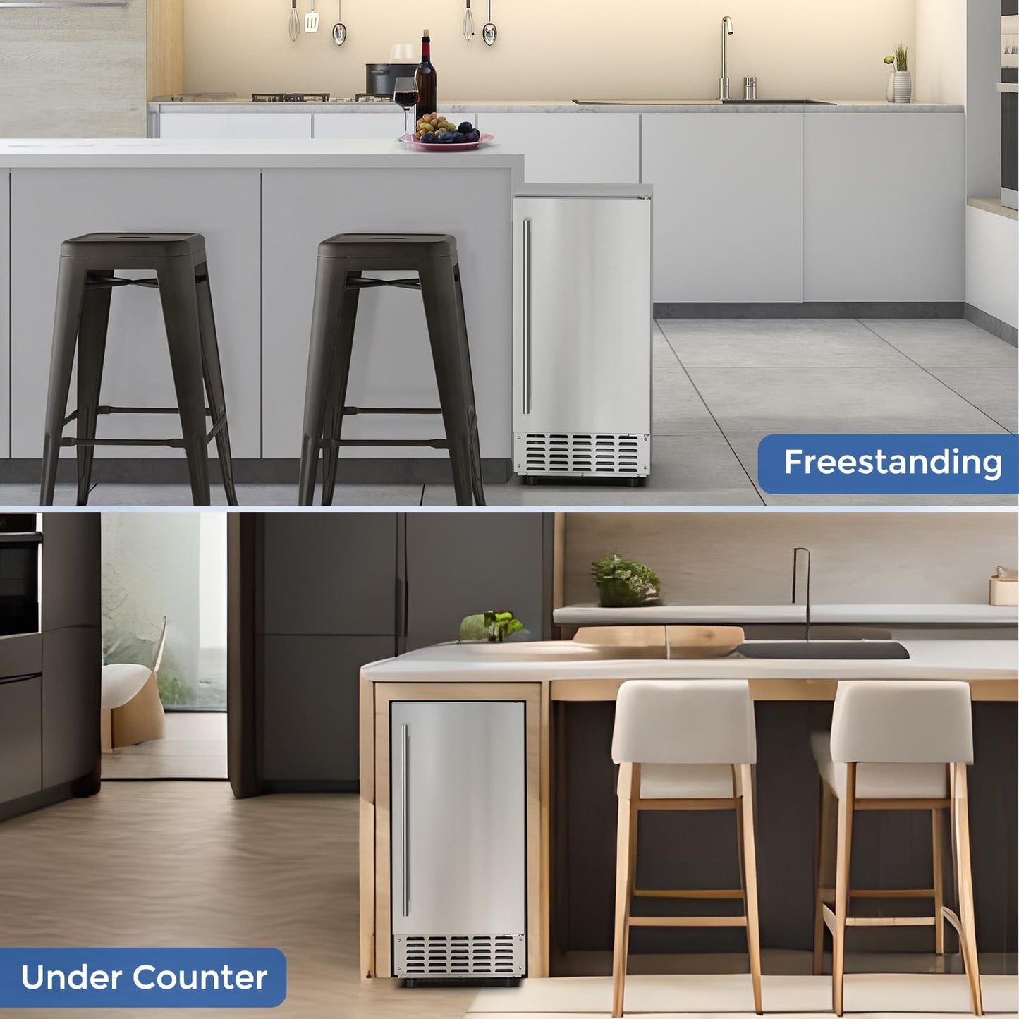 COWSAR Commercial Under Counter Nugget Ice Maker Machine, 68Lbs/Day Ice Maker with Double Ice Baskets, Bulit-in Freestanding Ice Machine, 24H Timer & Self-Cleaning, for Commercial & Home Use(Silver)