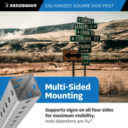 Sandbaggy 6 ft Galvanized Square Sign Post - 1-3/4" Wide - 7/16” Hole Diameter - Hot Dipped Galvanized Metal - Rust Resistant, Wind Resistant (12)