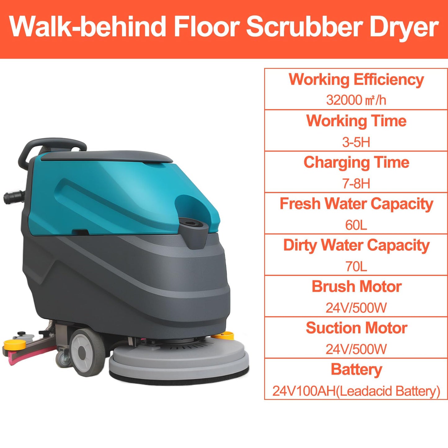 KARHDIR Walk-Behind Floor Scrubber Dryer with 22" Scrub Path, 18.5-Gal Recovery Tank, Battery Powered, High Efficiency for Large Areas