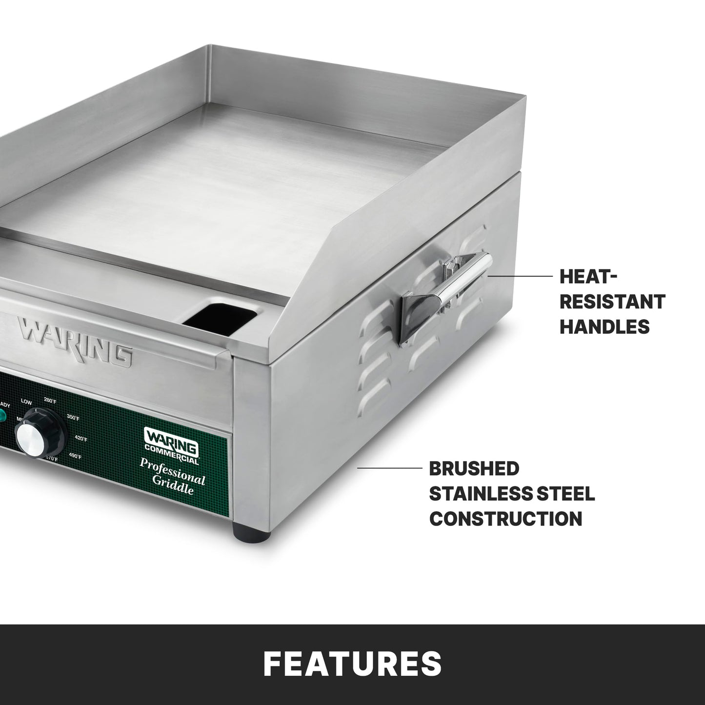 Waring Commercial WGR140X Countertop Electric Griddle, 14" Cooking Surface, 120V, 1800W, 5-15 Phase Plug,Silver