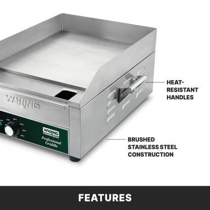 Waring Commercial WGR140X Countertop Electric Griddle, 14" Cooking Surface, 120V, 1800W, 5-15 Phase Plug,Silver