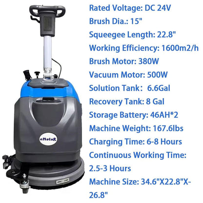 TORDXICS Commercial Floor Scrubber Machine with brushes， 15" Brush 8 Gal Foldable and Portable Scrubber Walk-Behind cleaning machine ，180 Degree Rotation，floor scrubbing, floor cleaner machine