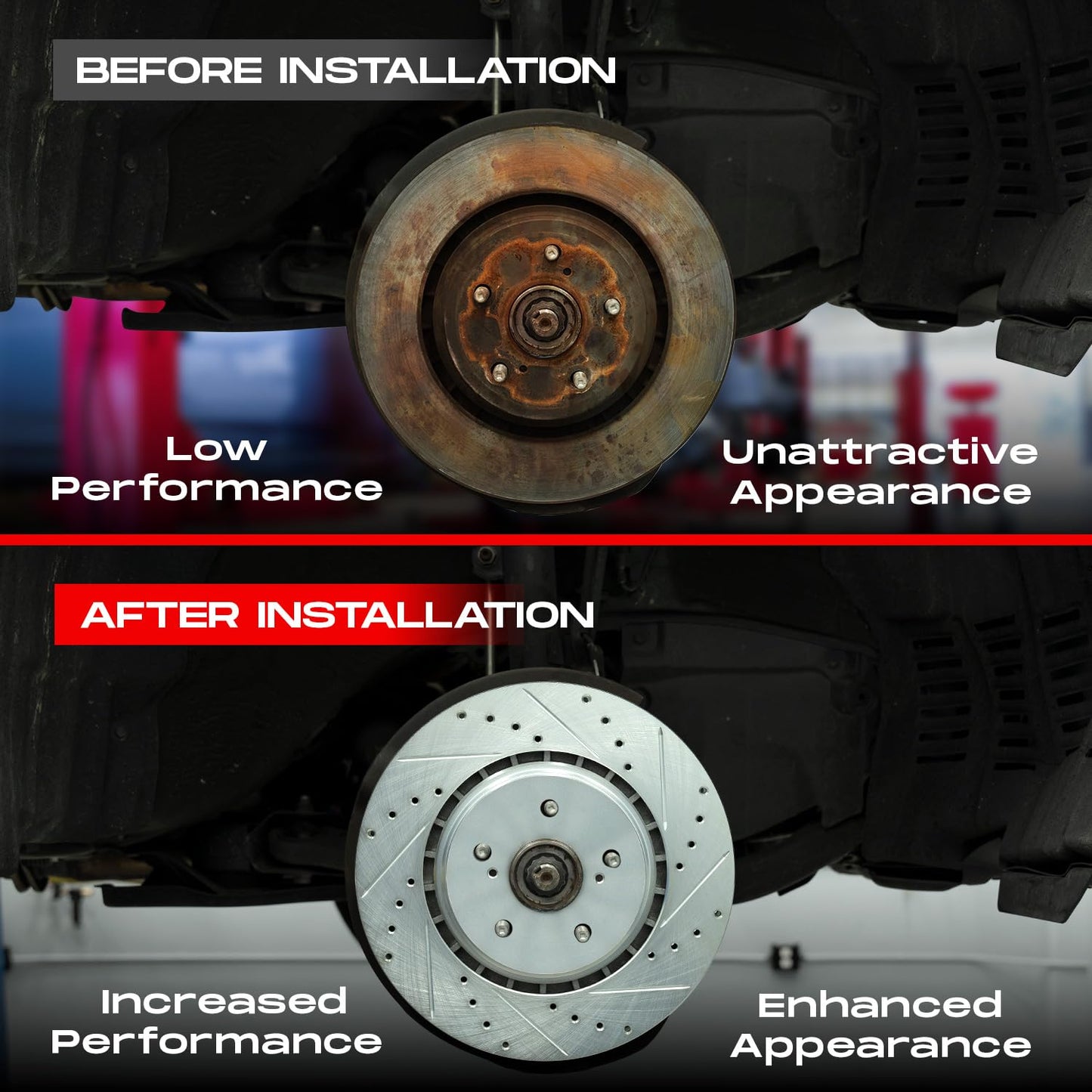 R1 Concepts Front and Rear Brake Kit For 2017-2021 Alfa Romeo Giulia, 2018-2021 Alfa Romeo Stelvio| Drilled Slotted Brake Rotors| Ceramic Brake Pads and Rotors Kit| Hardware included