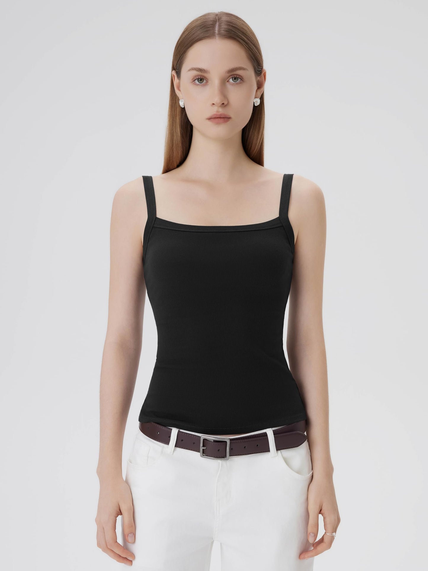 SUUKSESS Women Cotton Rib Padded Tank Tops Sleeveless Spaghetti Strap Square Neck Tops Summer Camisole Going Out Shirts (Black, X-Large)