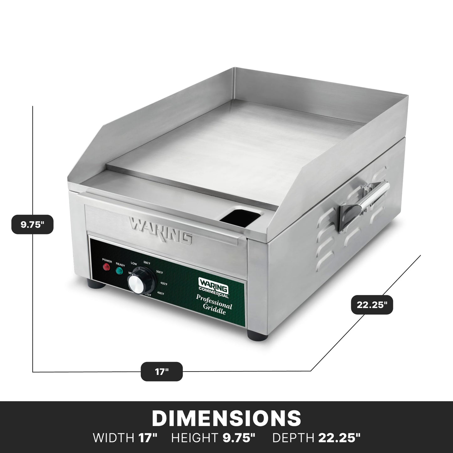 Waring Commercial WGR140X Countertop Electric Griddle, 14" Cooking Surface, 120V, 1800W, 5-15 Phase Plug,Silver