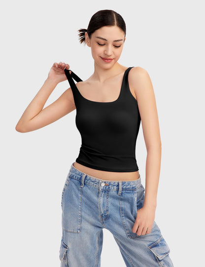 PUMIEY Tank Top for Women Sleeveless Double Lined Basic Summer Tops, Jet Black Large