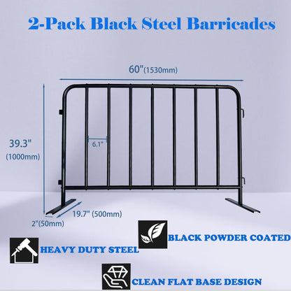 BIGalleons 2-Pack 5 Ft. Black Steel Crowd Control Barricades - 60" Wide x 39" High, Bolt-Assembled Portable Interlocking Barrier, Heavy Duty Event Fencing for Indoor/Outdoor with Flat Feet Design
