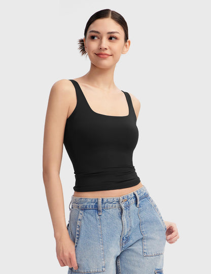 PUMIEY Tank Top for Women Sleeveless Double Lined Basic Summer Tops, Jet Black Large