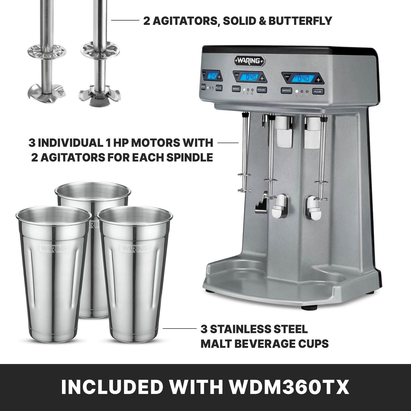 Waring Commercial WDM360TX Heavy-Duty Triple Spindle Drink Mixer, Each Spindle Has Independent 1hp Motor, with Countdown Timer, Digital Display, Automatic Start/Stop, 120V, 5-15 Phase Plug,Silver