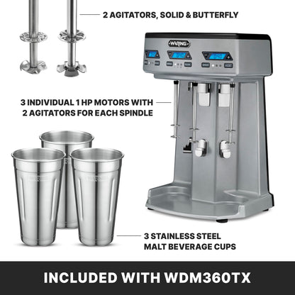 Waring Commercial WDM360TX Heavy-Duty Triple Spindle Drink Mixer, Each Spindle Has Independent 1hp Motor, with Countdown Timer, Digital Display, Automatic Start/Stop, 120V, 5-15 Phase Plug,Silver