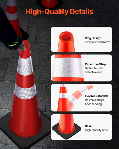 VEVOR Safety Cones, 6 Pack 36" Traffic Cones, PVC Orange Construction Cones with Reflective Collars and Black Weighted Base, for Traffic Control, Driveway Road Parking and School Improvement