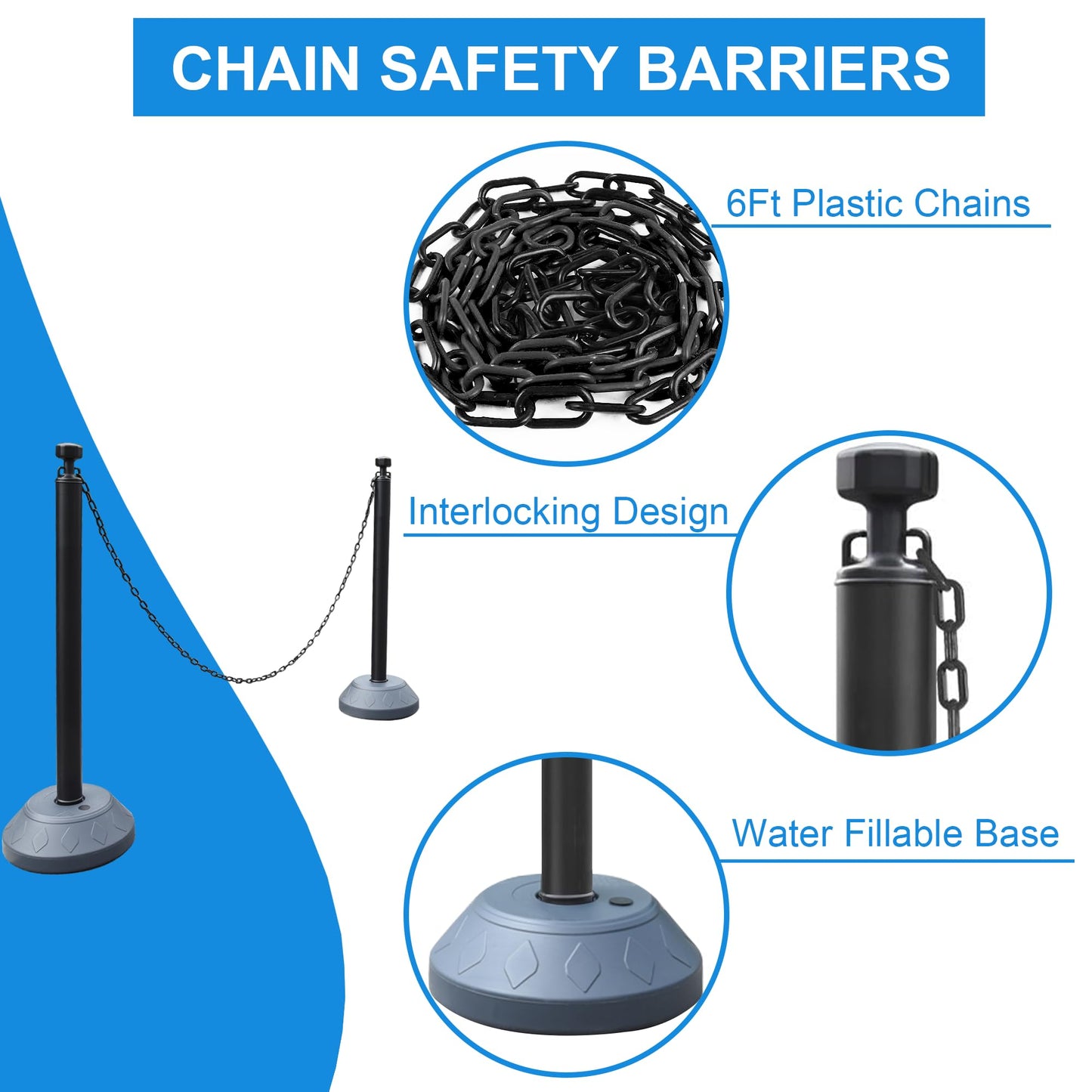 OrangeStar 6 Pack Traffic Delineator Posts, 40 Inch Crowd Control Stanchions, Water Fillable Base Safety Barriers with 6 x 6.6 Ft Plastic Chains for Indoor Outdoor Parking Lot Construction, Black