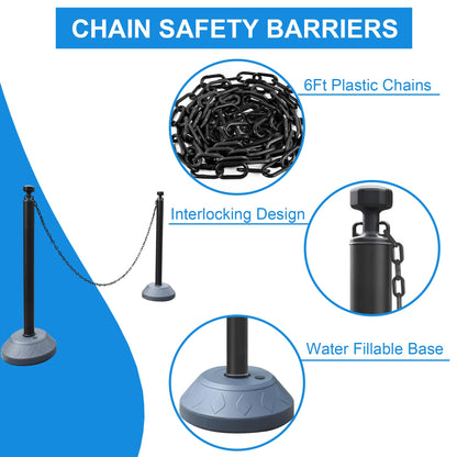 OrangeStar 6 Pack Traffic Delineator Posts, 40 Inch Crowd Control Stanchions, Water Fillable Base Safety Barriers with 6 x 6.6 Ft Plastic Chains for Indoor Outdoor Parking Lot Construction, Black