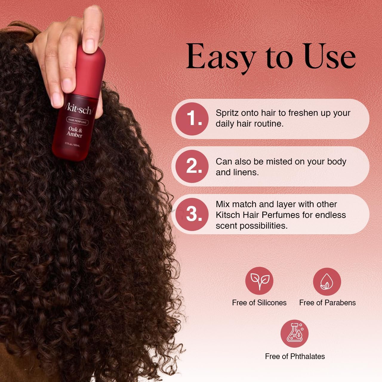 Kitsch Hair Perfume for Women - Oak & Amber | Clean, Deodorizing & Patented Odor-Eliminating Technology Hair Spray & Body Mist - Freshen Hair, Body & Pillows- Berries and Blooming Jasmine Scent - 50mL